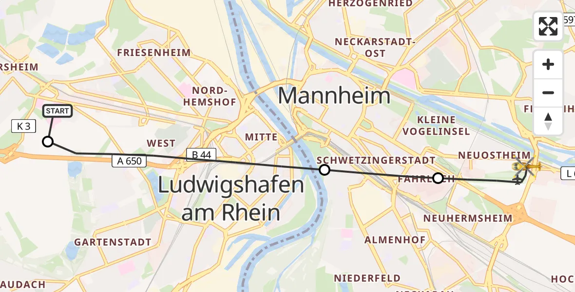 Flugroute Rettungshubschrauber Ludwigshafen Accident Hospital - Mannheim-City Flughafen, 04 Mai 2026, 08:59