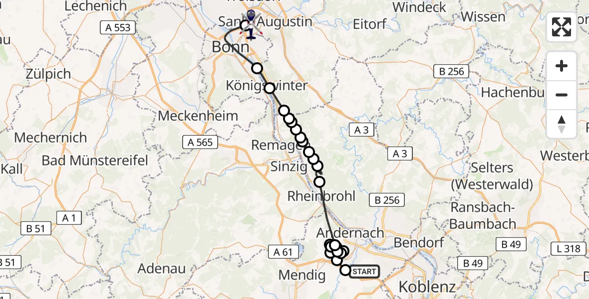 Flugroute Polizeihubschrauber Saffig - Sankt Augustin, 04 Mai 2026, 08:58