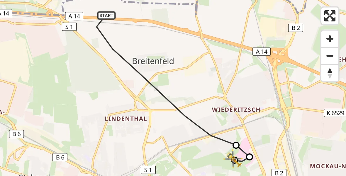 Flugroute Rettungshubschrauber Leipzig - Sankt Georg Hospital Leipzig Reserve, 04 Mai 2026, 09:01