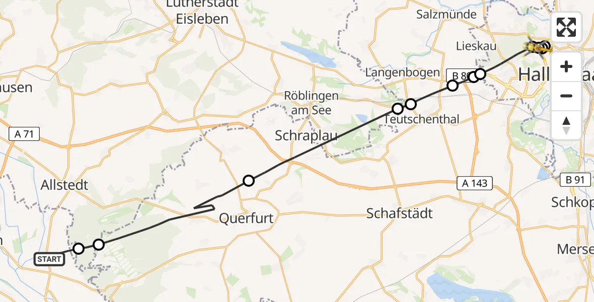 Flugroute Rettungshubschrauber Artern - Halle (Saale) University Hospital, 04 Mai 2026, 09:04