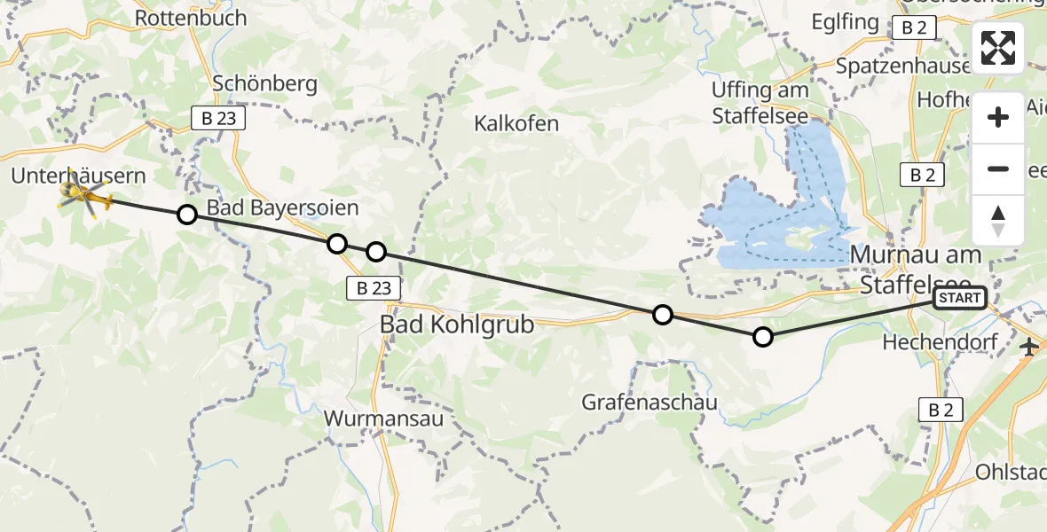 Flugroute Rettungshubschrauber Murnau Accident Hospital - Wildsteig, 04 Mai 2026, 09:10