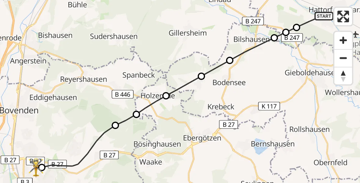 Flugroute Rettungshubschrauber Hattorf am Harz - Göttingen University Clinic Hubschrauberlandeplatz, 04 Mai 2026, 09:13