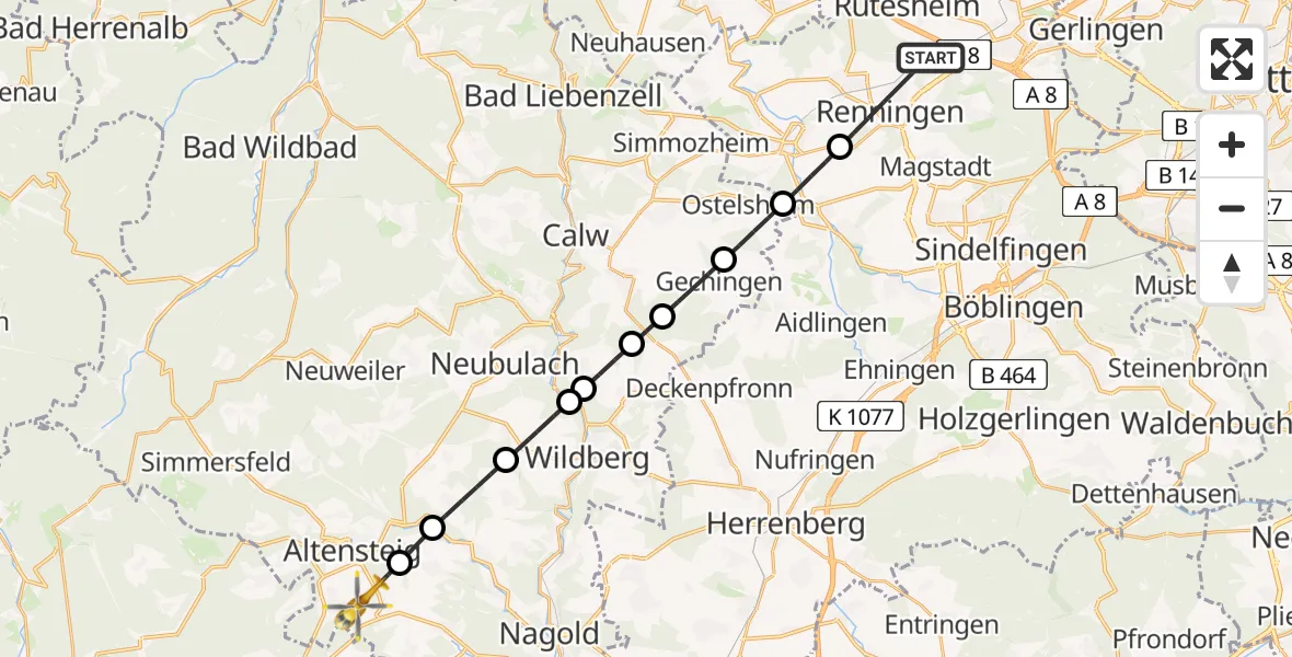 Flugroute Rettungshubschrauber Renningen - Egenhausen, 04 Mai 2026, 09:13