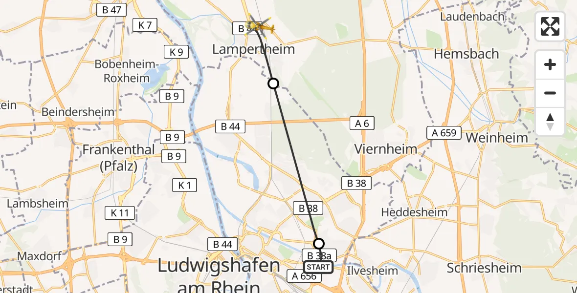 Flugroute Rettungshubschrauber Mannheim-City Flughafen - Lampertheim, 04 Mai 2026, 09:13
