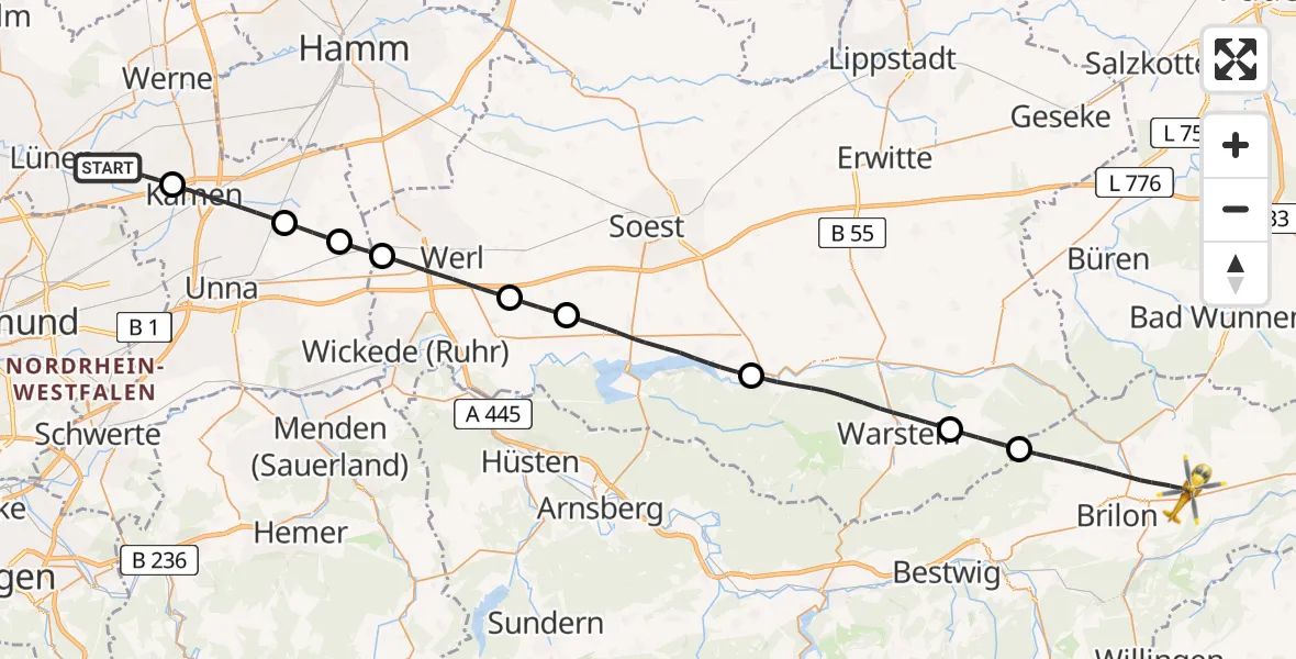 Flugroute Rettungshubschrauber Bergkamen - Brilon, 04 Mai 2026, 09:15