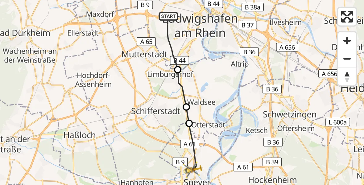 Flugroute Rettungshubschrauber Ludwigshafen am Rhein - Speyer, 04 Mai 2026, 09:16