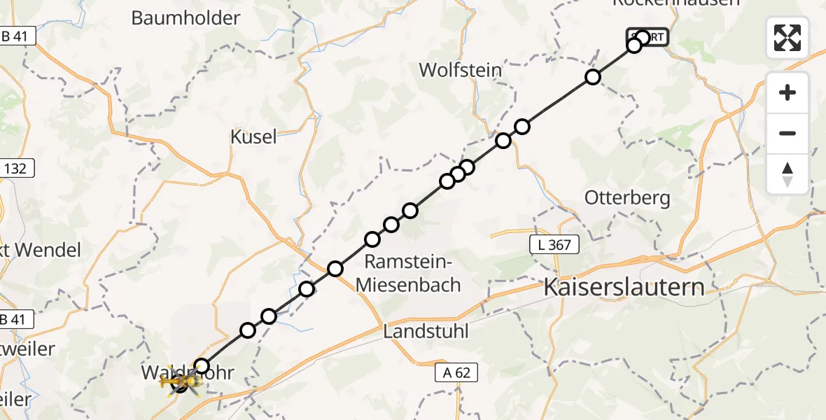 Flugroute Rettungshubschrauber Imsweiler UL - Waldmohr, 04 Mai 2026, 09:18