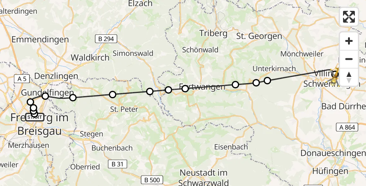 Flugroute Ambulanzhubschrauber Freiburg University Hospital Heliport 1 - DRF Air Rescue Station Villingen-Schwenningen Hubschrauberlandeplatz (Christoph 11), 04 Mai 2026, 09:26
