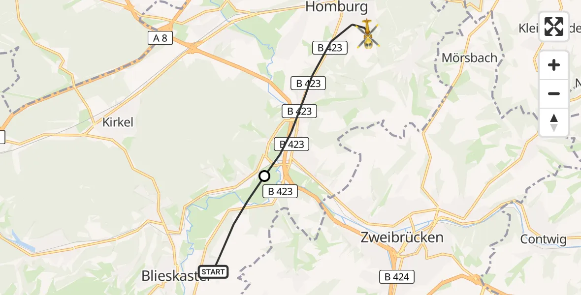 Flugroute Rettungshubschrauber Blieskastel - Homburg, 04 Mai 2026, 09:29