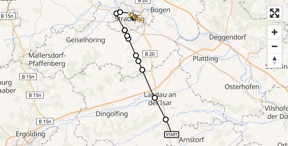 Flugroute Rettungshubschrauber Simbach - Sankt Elisabeth Hospital Straubing, 04 Mai 2026, 09:32