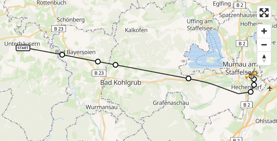 Flugroute Rettungshubschrauber Wildsteig - Murnau Accident Hospital, 04 Mai 2026, 09:38