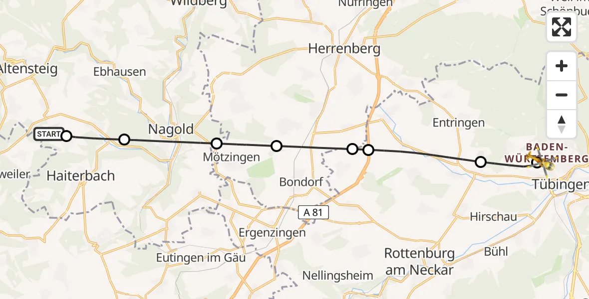 Flugroute Rettungshubschrauber Egenhausen - Tübingen Trauma Hospital, 04 Mai 2026, 09:43