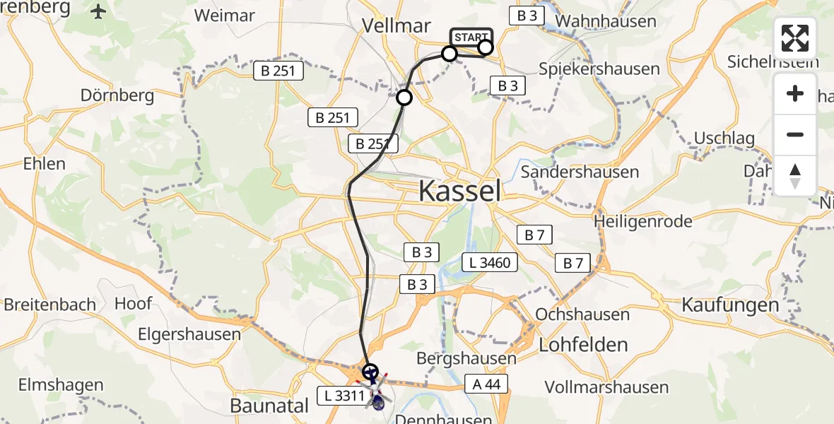 Flugroute Polizeihubschrauber Fuldatal Bundespolizei Hubschrauberlandeplatz - Baunatal, 04 Mai 2026, 09:43