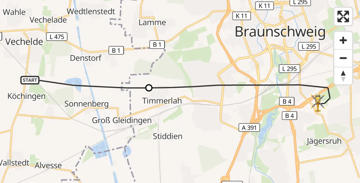 Flugroute Rettungshubschrauber Vechelde - Braunschweig, 04 Mai 2026, 09:49