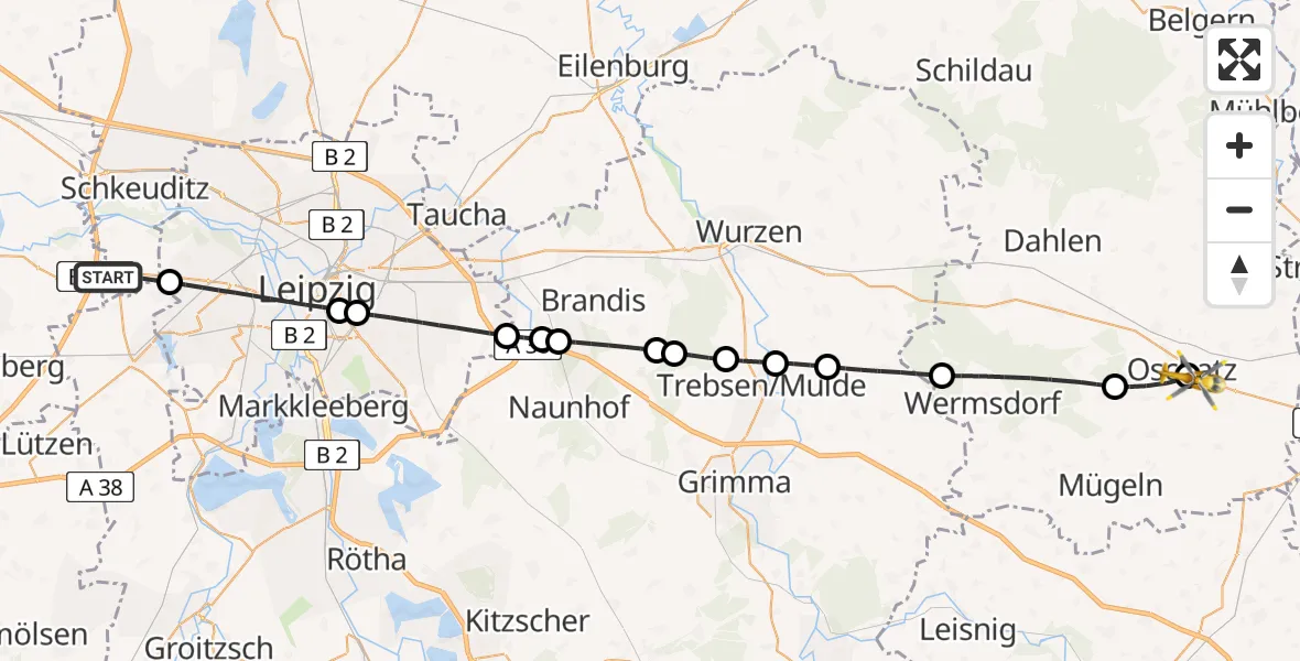 Flugroute Rettungshubschrauber Schkeuditz - Collm Klinik Oschatz Hubschrauberlandeplatz, 04 Mai 2026, 09:51
