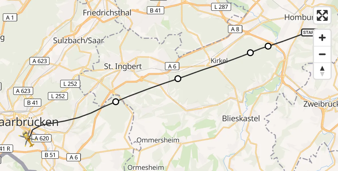 Flugroute Rettungshubschrauber Homburg - Saarbrücken, 04 Mai 2026, 09:54