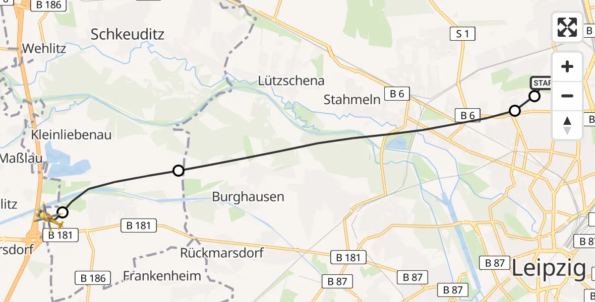 Flugroute Rettungshubschrauber Sankt Georg Hospital Leipzig Reserve - ADAC Air Rescue Station Leipzig/Schkeuditz-Dölzig Hubschrauberlandeplatz (Christoph 61), 04 Mai 2026, 09:55