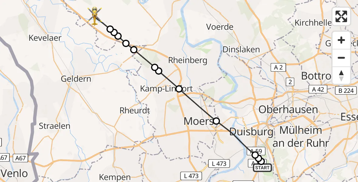 Flugroute Rettungshubschrauber Duisburg Air Rescue Hubschrauberlandeplatz (Christoph 9) - Sonsbeck, 04 Mai 2026, 09:57