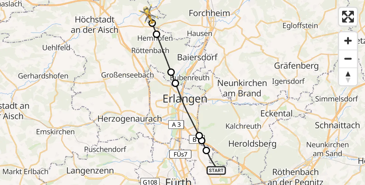 Flugroute Rettungshubschrauber Flughafen Nuremberg - Adelsdorf, 04 Mai 2026, 09:57