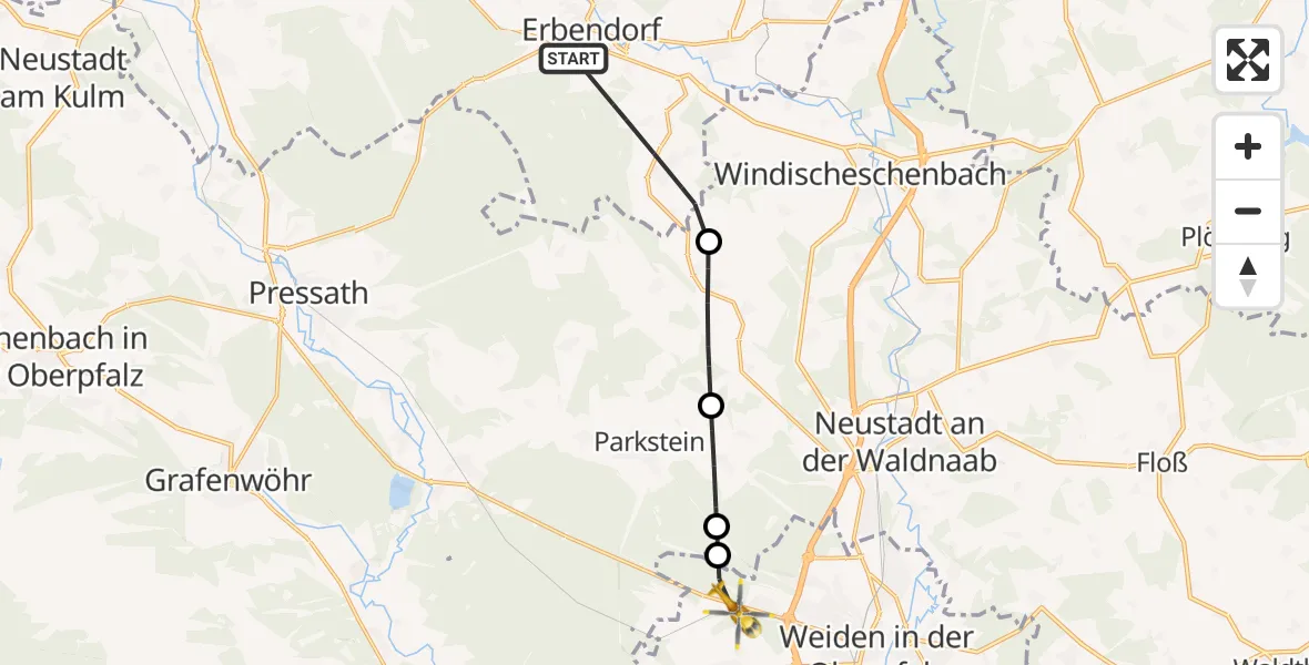 Flugroute Rettungshubschrauber Erbendorf - Weiden i.d.OPf., 04 Mai 2026, 09:59