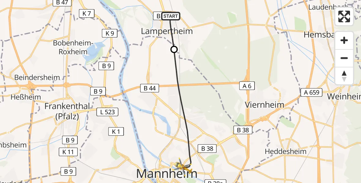 Flugroute Rettungshubschrauber Lampertheim - Mannheim, 04 Mai 2026, 09:59