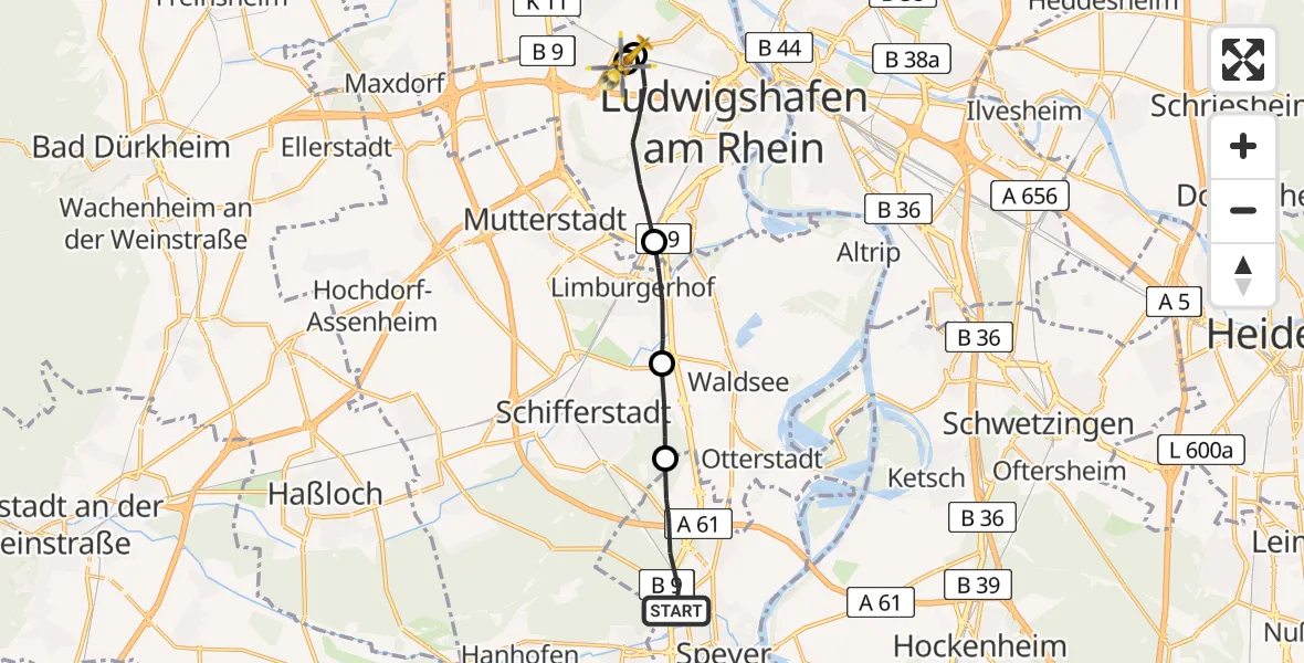 Flugroute Rettungshubschrauber Speyer - Ludwigshafen Accident Hospital, 04 Mai 2026, 10:07