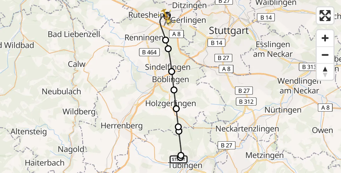 Flugroute Rettungshubschrauber Tübingen Trauma Hospital - Leonberg Hospital, 04 Mai 2026, 10:20