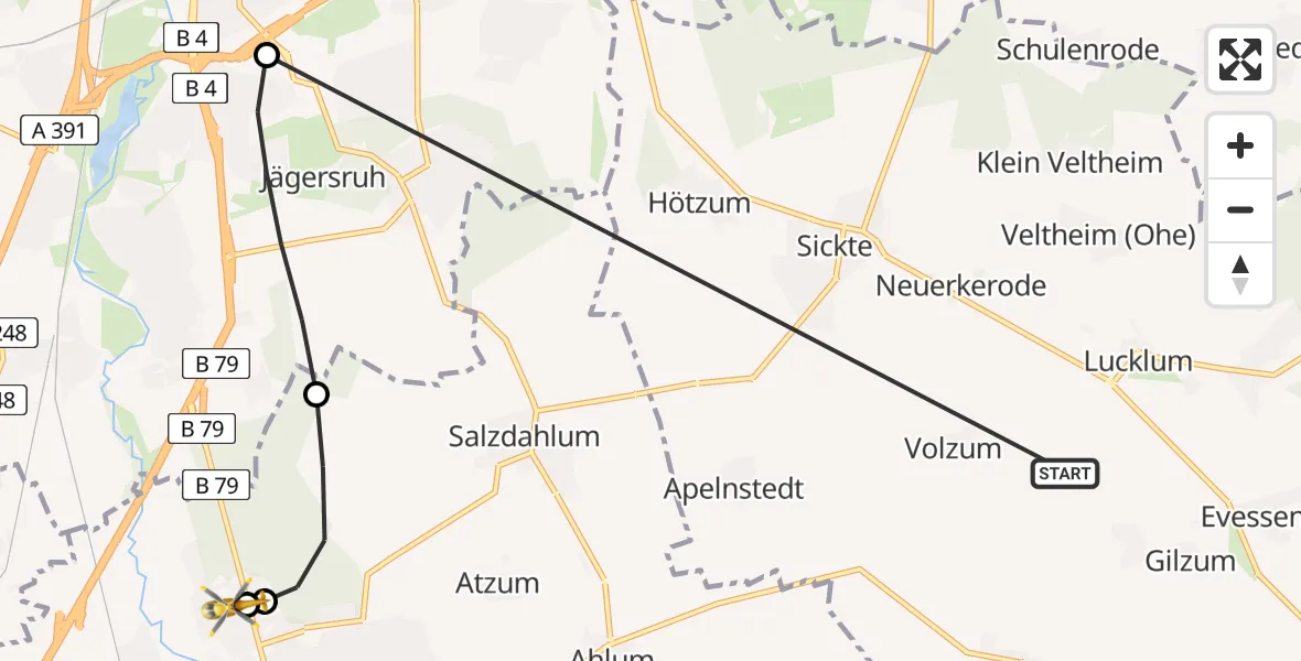 Flugroute Rettungshubschrauber Evessen - Wolfenbüttel Municipal Hospital Heliport (Christoph 30), 04 Mai 2026, 10:24
