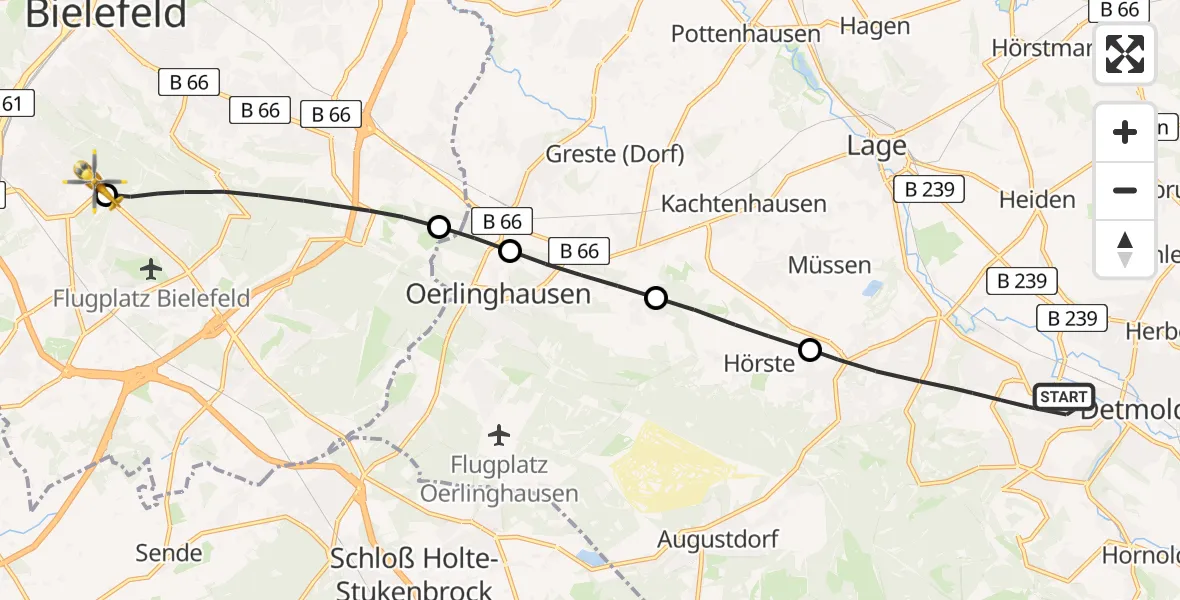 Flugroute Rettungshubschrauber Detmold - Luftrettungszentrum Bielefeld, 04 Mai 2026, 10:27