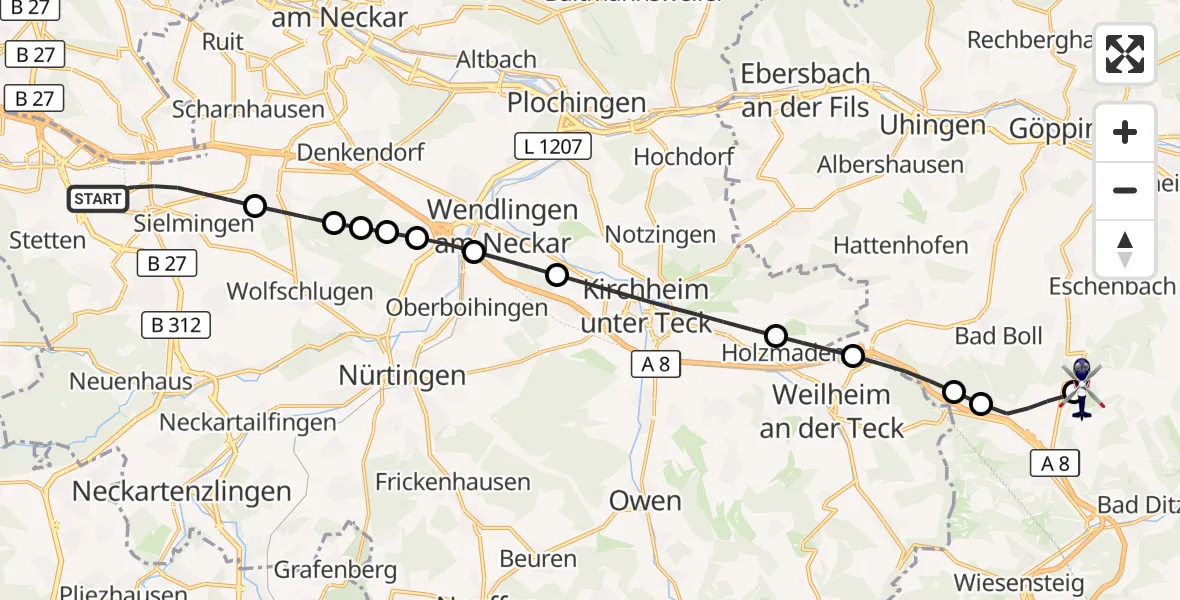 Flugroute Polizeihubschrauber Flughafen Stuttgart - Gruibingen-Nortel Flugplatz, 04 Mai 2026, 10:29
