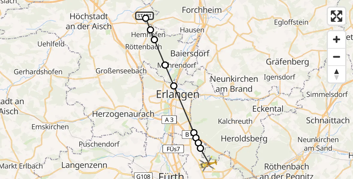 Flugroute Rettungshubschrauber Adelsdorf - Flughafen Nuremberg, 04 Mai 2026, 10:35