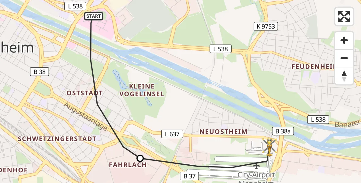 Flugroute Rettungshubschrauber Mannheim - Mannheim-City Flughafen, 04 Mai 2026, 10:45