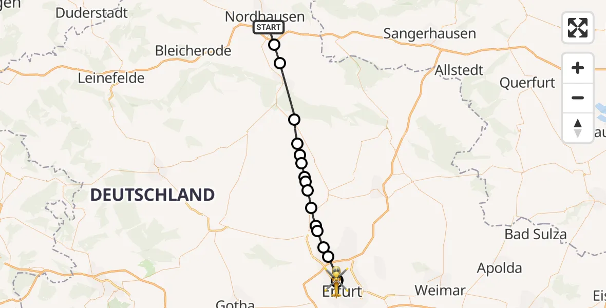 Flugroute Rettungshubschrauber Nordhausen - Helios Clinic Erfurt, 04 Mai 2026, 11:26