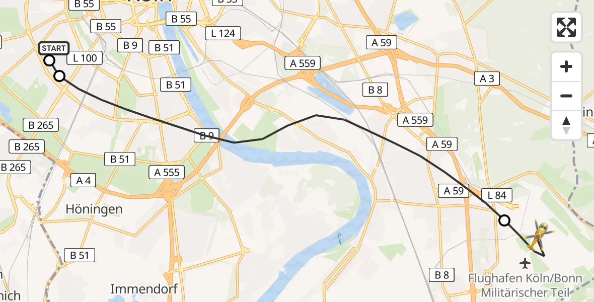 Flugroute Rettungshubschrauber Köln University Hospital - Köln Bonn Flughafen, 04 Mai 2026, 11:30