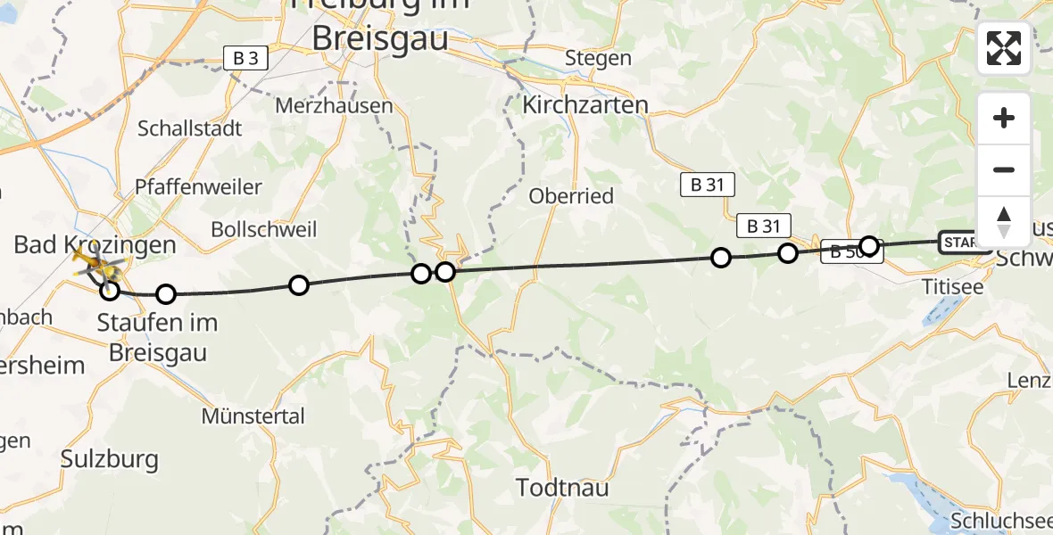 Flugroute Rettungshubschrauber Titisee-Neustadt - Bad Krozingen, 04 Mai 2026, 11:33