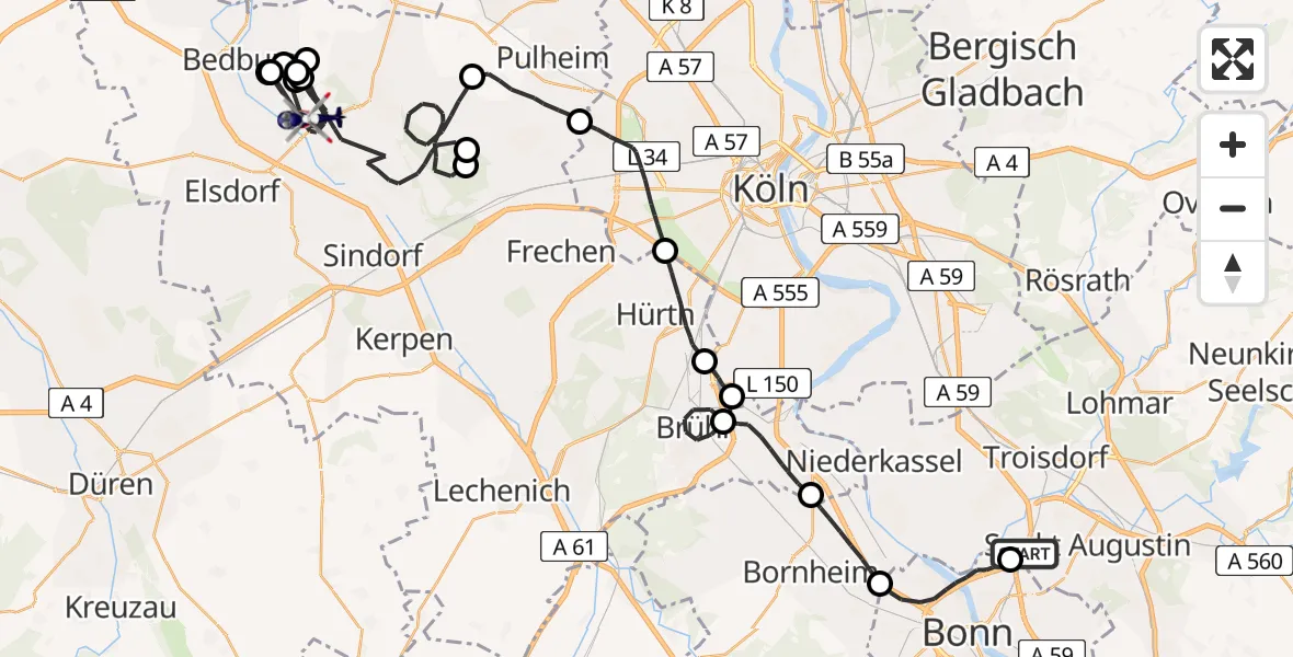 Flugroute Polizeihubschrauber Sankt Augustin - Bergheim, 04 Mai 2026, 11:34