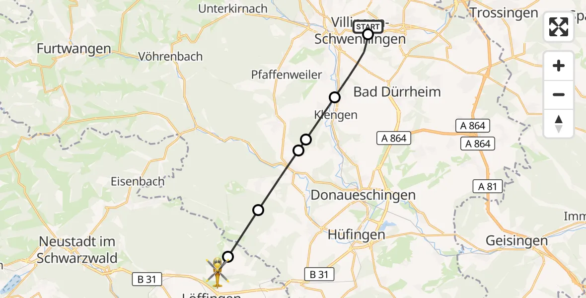 Flugroute Ambulanzhubschrauber DRF Air Rescue Station Villingen-Schwenningen Hubschrauberlandeplatz (Christoph 11) - Löffingen, 04 Mai 2026, 11:37