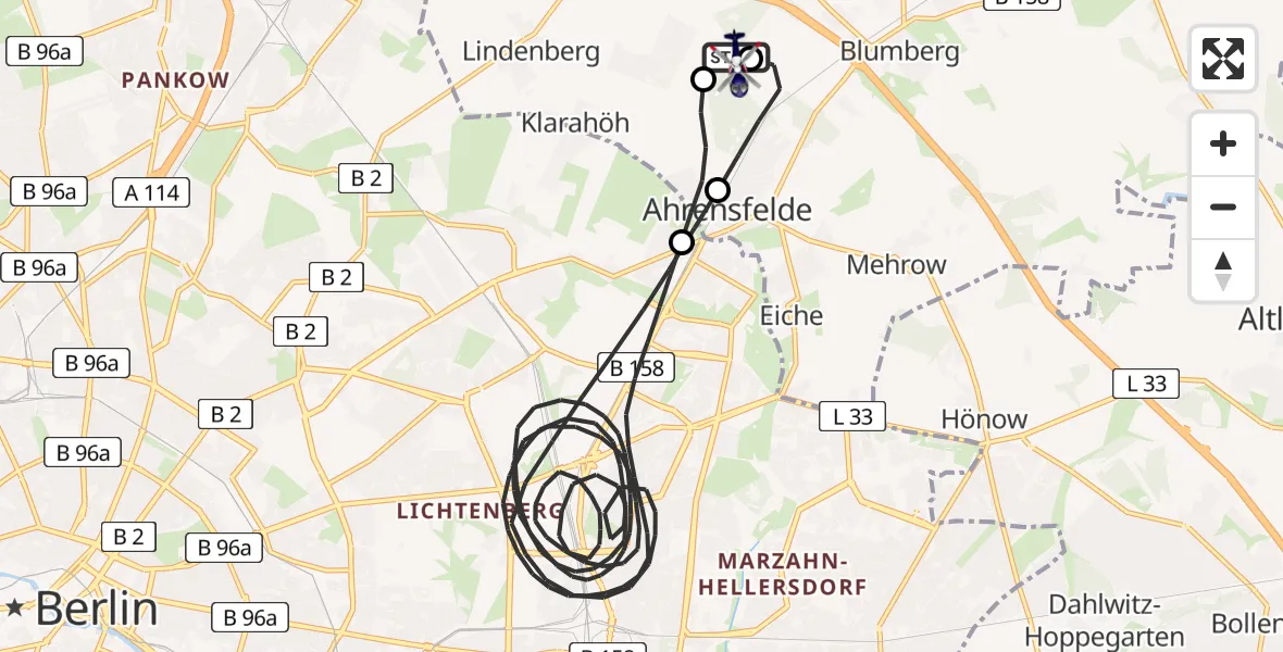 Flugroute Polizeihubschrauber Ahrensfelde Hubschrauberlandeplatz - Ahrensfelde Hubschrauberlandeplatz, 04 Mai 2026, 11:37