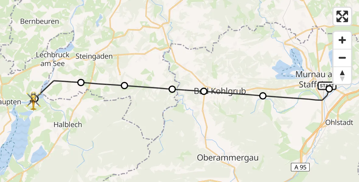 Flugroute Rettungshubschrauber Murnau Accident Hospital - Halblech, 04 Mai 2026, 11:43