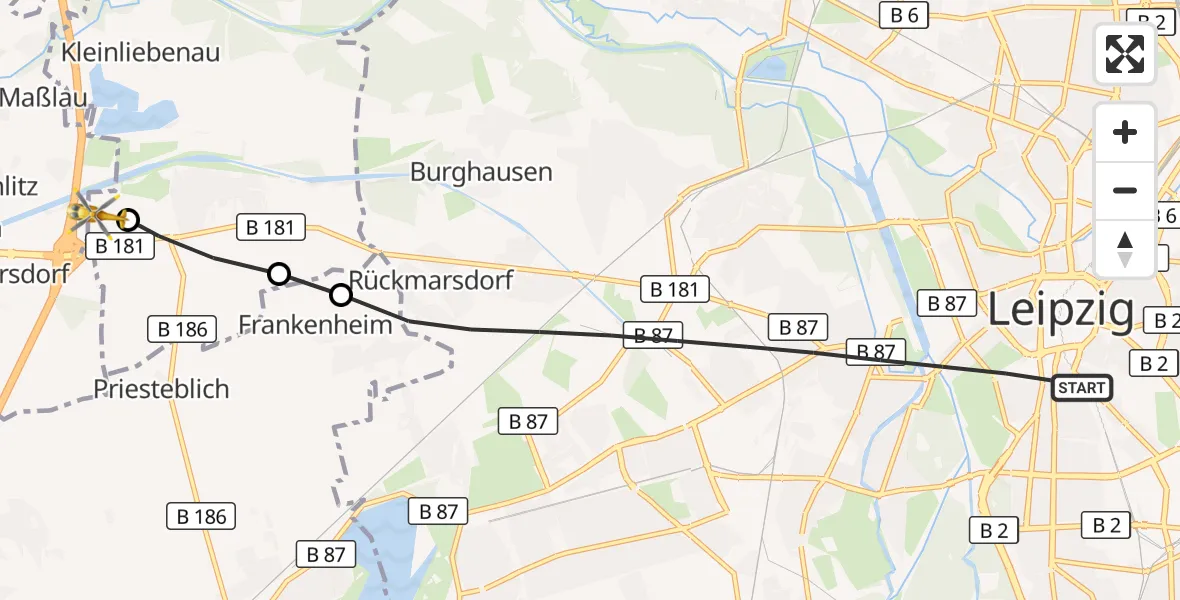 Flugroute Rettungshubschrauber Leipzig - ADAC Air Rescue Station Leipzig/Schkeuditz-Dölzig Hubschrauberlandeplatz (Christoph 61), 04 Mai 2026, 11:44