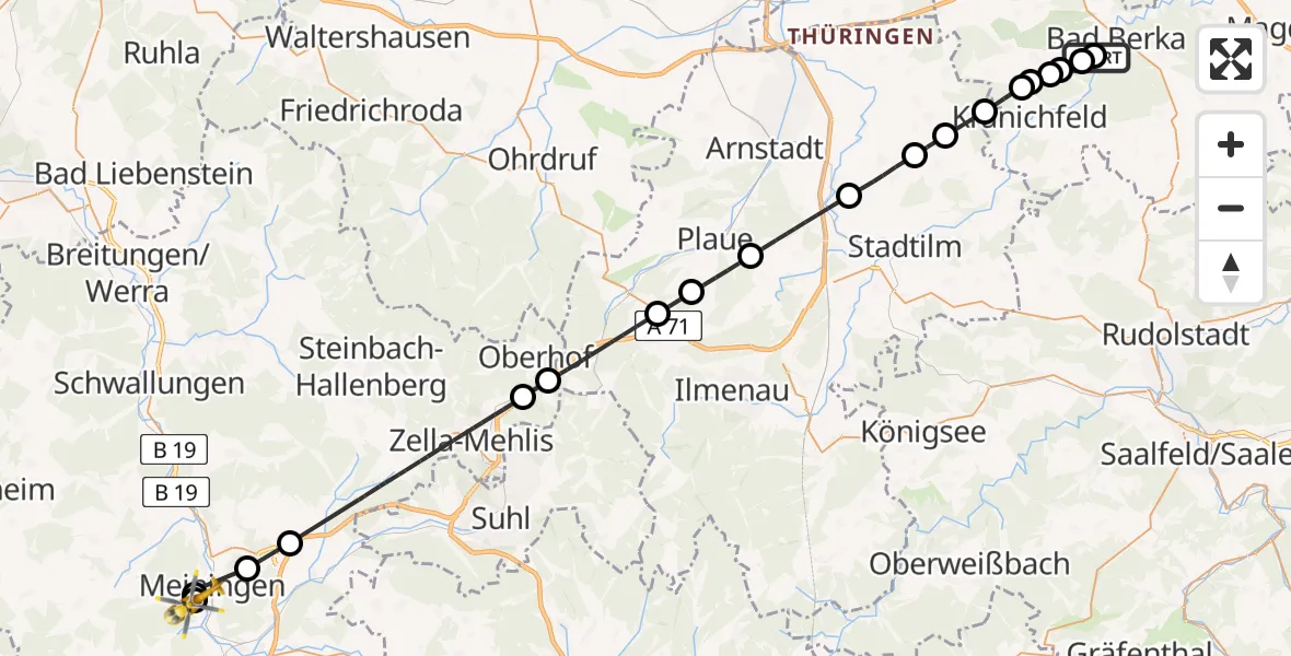 Flugroute Ambulanzhubschrauber Bad Berka Central Hospital - Helios Clinic Meiningen, 04 Mai 2026, 11:45