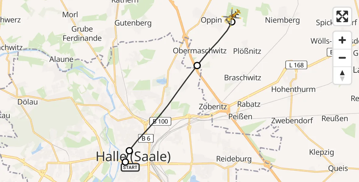 Flugroute Rettungshubschrauber Sankt Elisabeth and Sankt Barbara Hospital Halle (Saale) - Halle-Oppin Flugplatz, 04 Mai 2026, 11:55