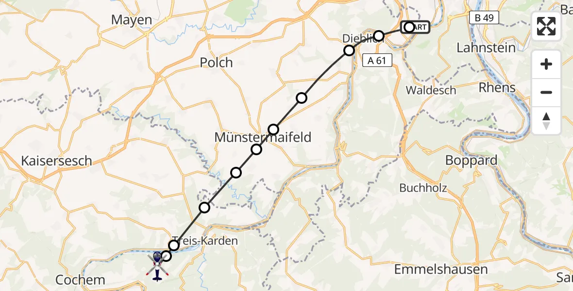 Flugroute Polizeihubschrauber Koblenz-Winningen Flugplatz - Valwig, 04 Mai 2026, 11:57