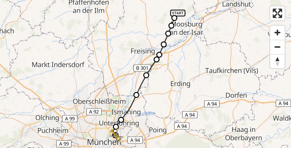 Flugroute Rettungshubschrauber Mauern - München Bogenhausen Hospital, 04 Mai 2026, 11:57