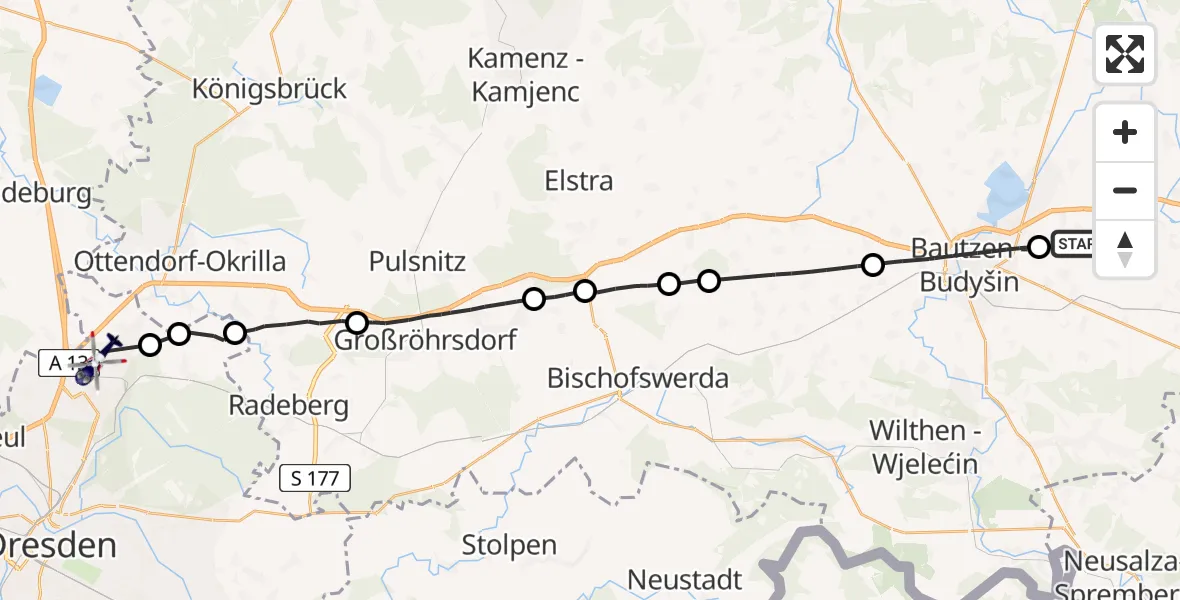 Flugroute Polizeihubschrauber Kubschütz - Dresden Bundespolizei Hubschrauberlandeplatz, 04 Mai 2026, 11:58