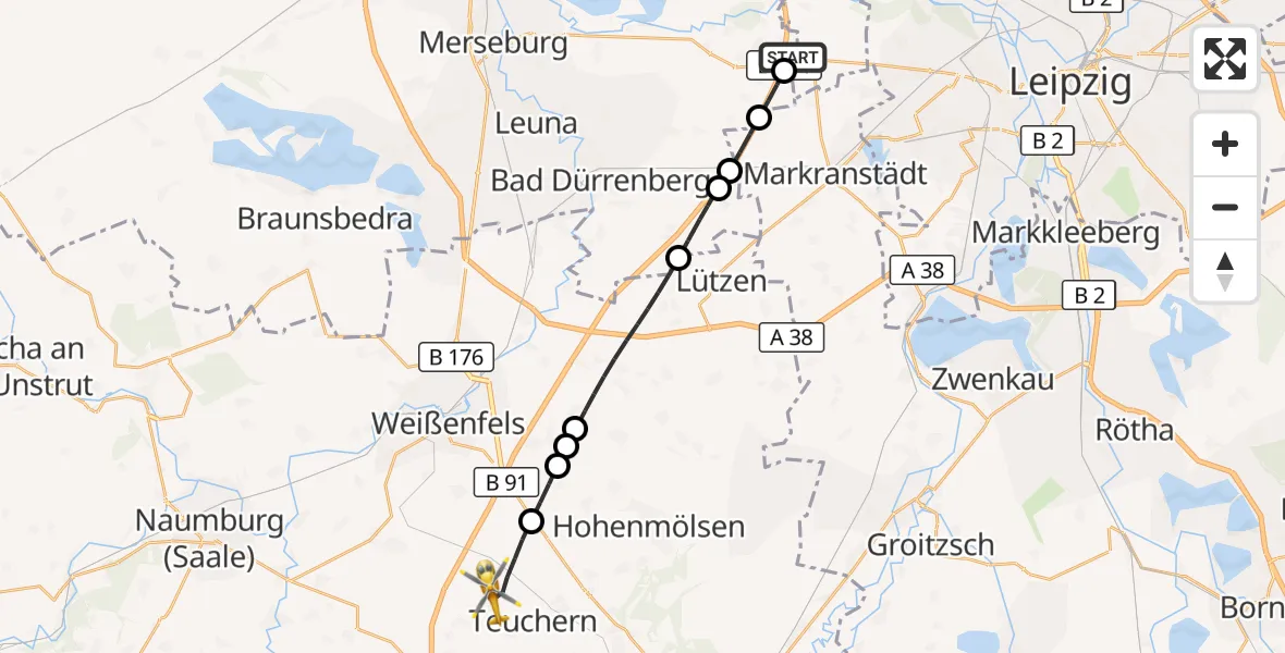 Flugroute Rettungshubschrauber ADAC Air Rescue Station Leipzig/Schkeuditz-Dölzig Hubschrauberlandeplatz (Christoph 61) - Teuchern, 04 Mai 2026, 12:01
