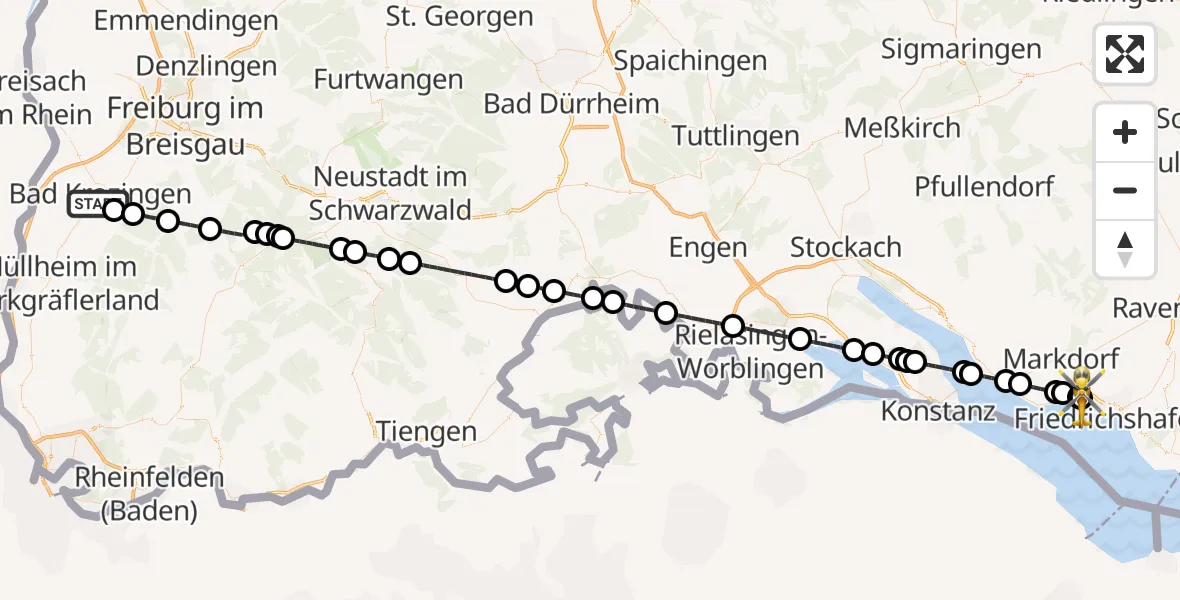 Flugroute Rettungshubschrauber Bad Krozingen - Friedrichshafen Hospital, 04 Mai 2026, 12:06