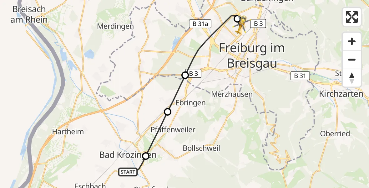 Flugroute Rettungshubschrauber Bad Krozingen - Freiburg im Breisgau Flugplatz, 04 Mai 2026, 12:12