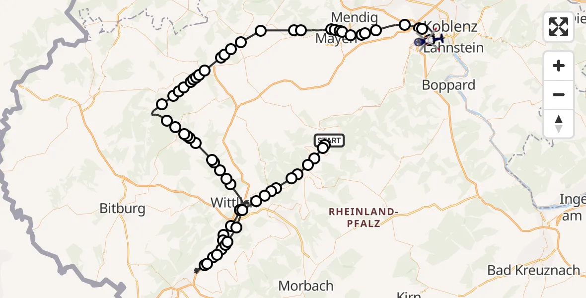 Flugroute Polizeihubschrauber Ellenz-Poltersdorf - Koblenz-Winningen Flugplatz, 04 Mai 2026, 12:13