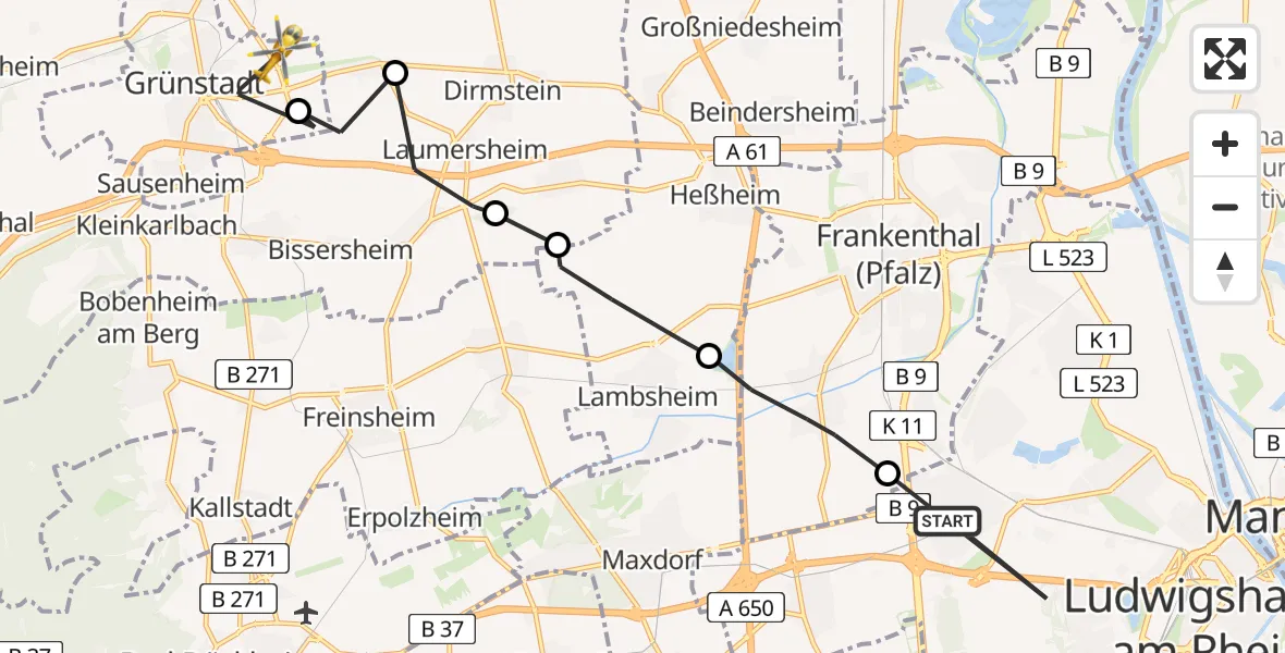 Flugroute Rettungshubschrauber Ludwigshafen am Rhein - Grünstadt, 04 Mai 2026, 12:14